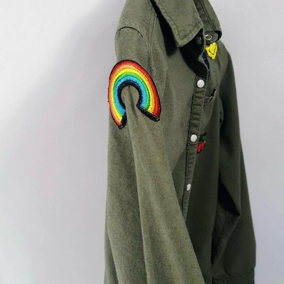 Tractr Girl's Shirt Size L 14-16 Pearl Snap Olive Green W Patches Rayon Cotton - Picture 5 of 10